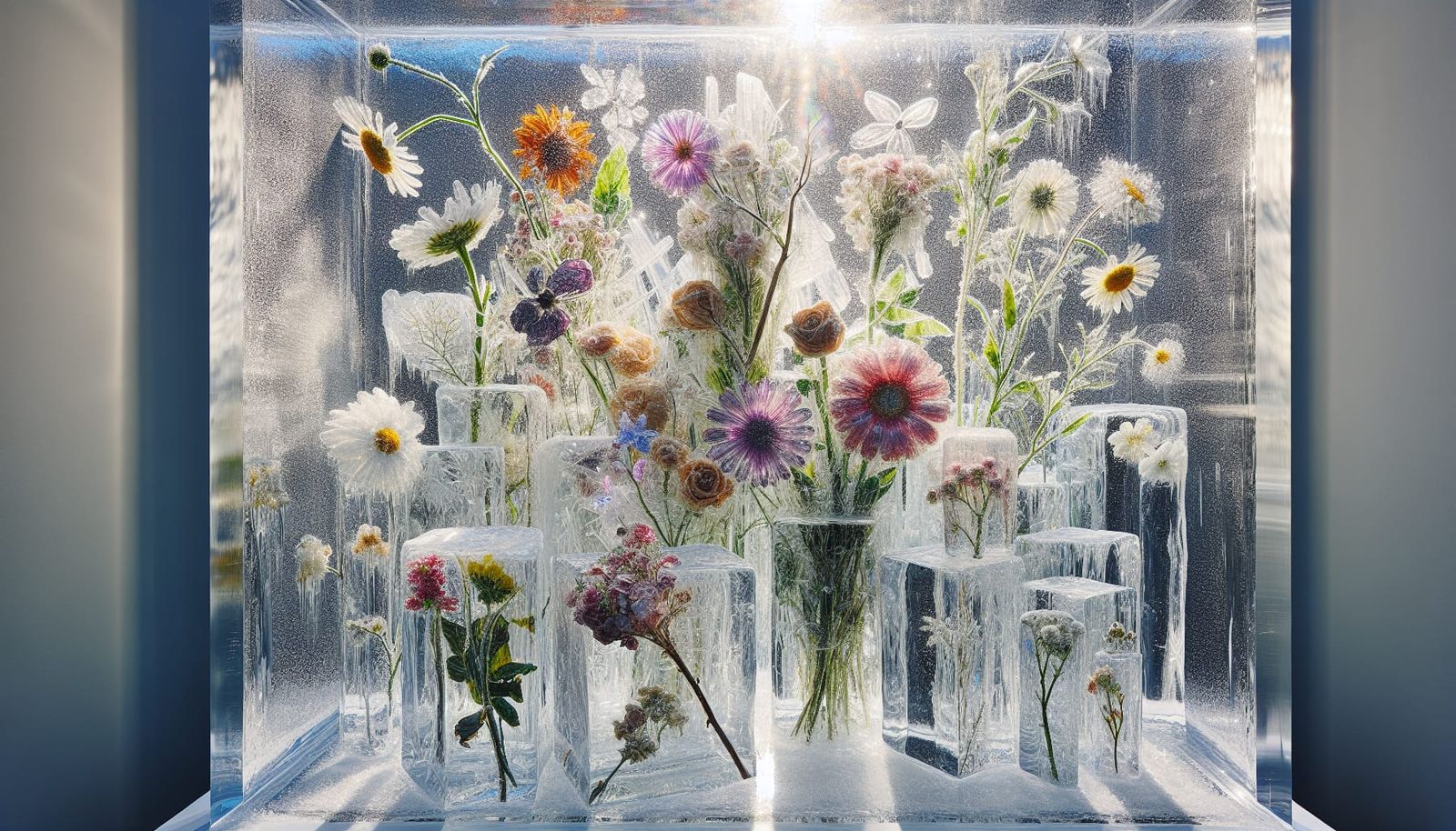 Flowers Encased in Ice Reflecting Sunlight