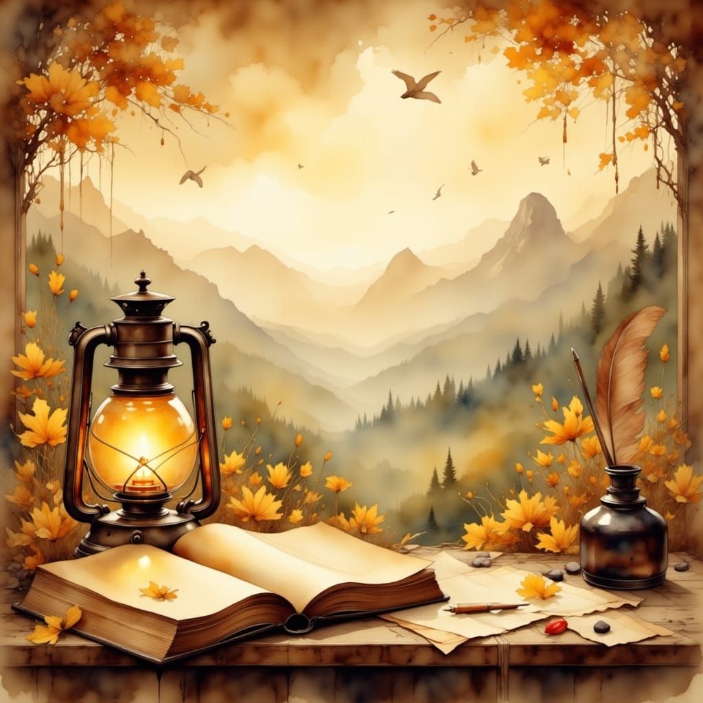 Square format vintage background illustration. A warm sepia-toned antique scene: wooden table surface in the foreground....