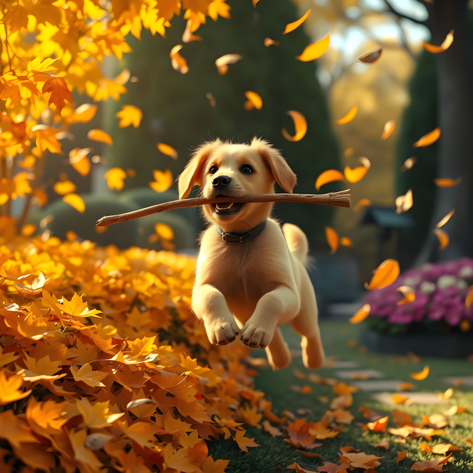Adorable Autumn Puppy Leaping Through Leaves