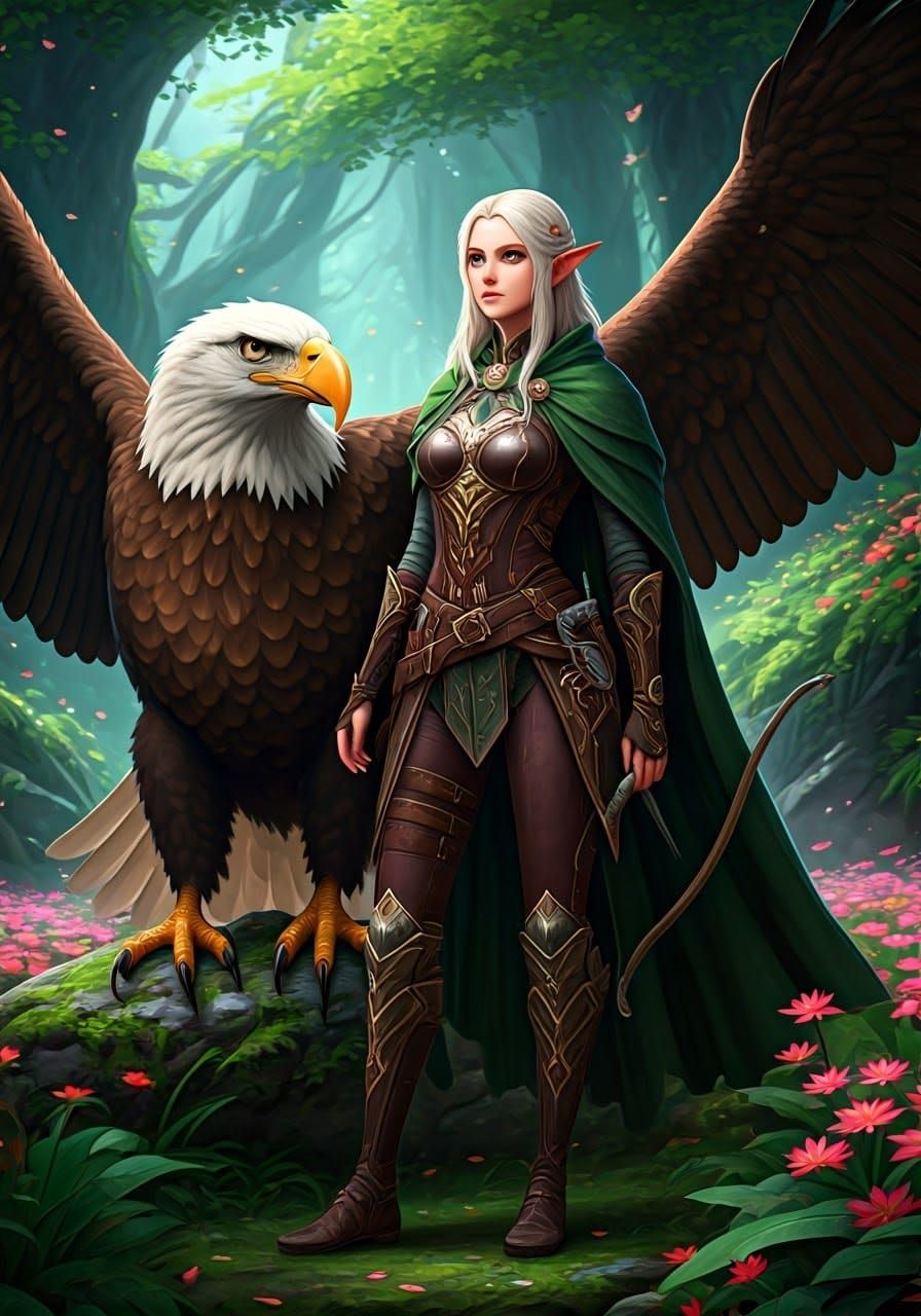 Ethereal Elven Ranger in Vibrant Magical Forest