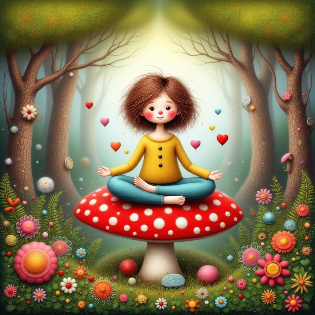 Adorable Plush Doll in Lotus Pose on Mushroom
