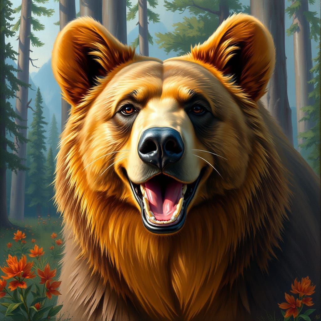 Joyful Bear Portrait in Expressive Forest Scene