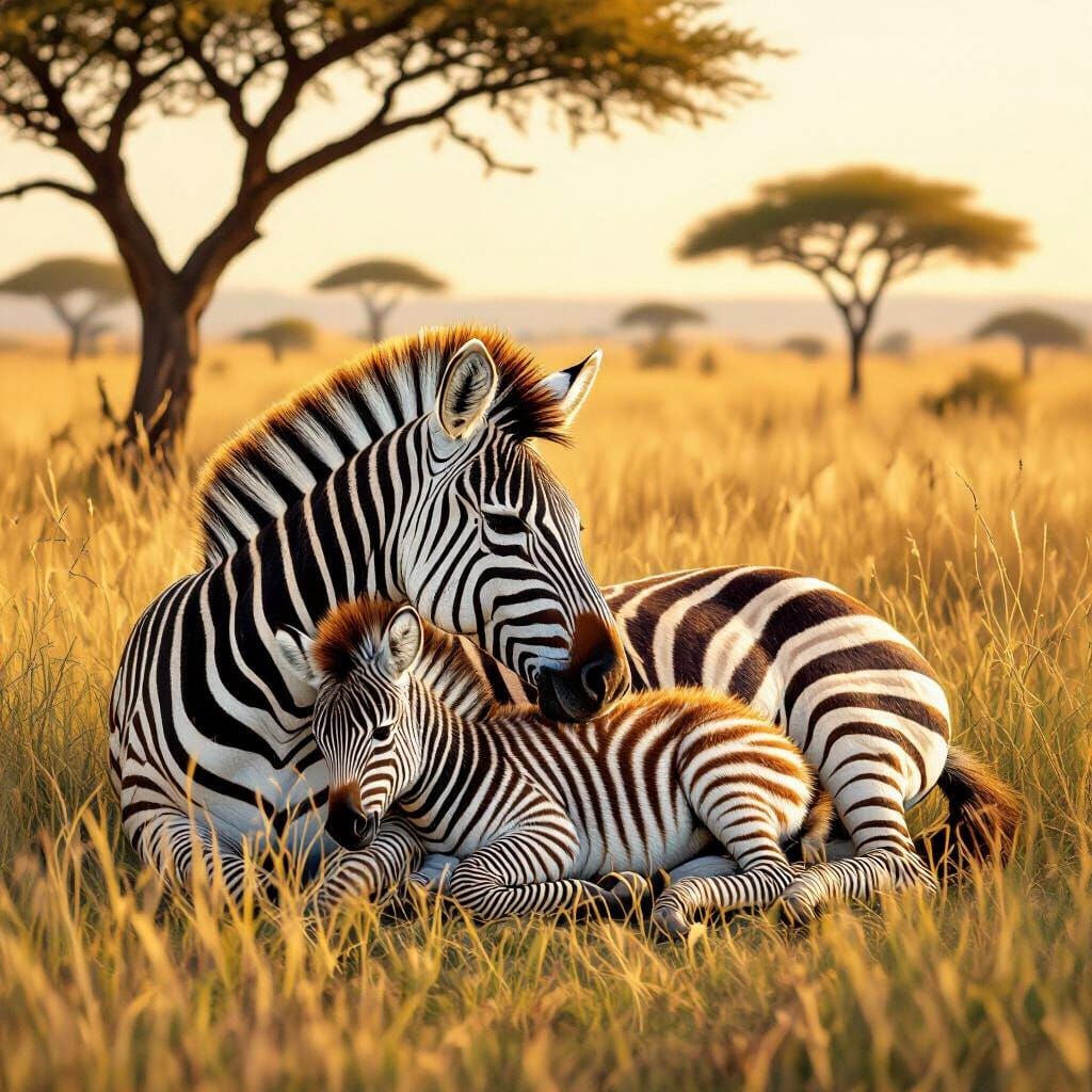 Zebra Mother and Child in Savanna
