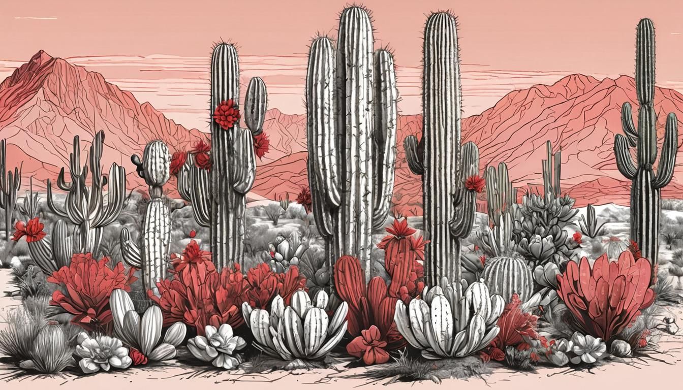 Minimalist Line Art: Red and Pink Desert Cactus