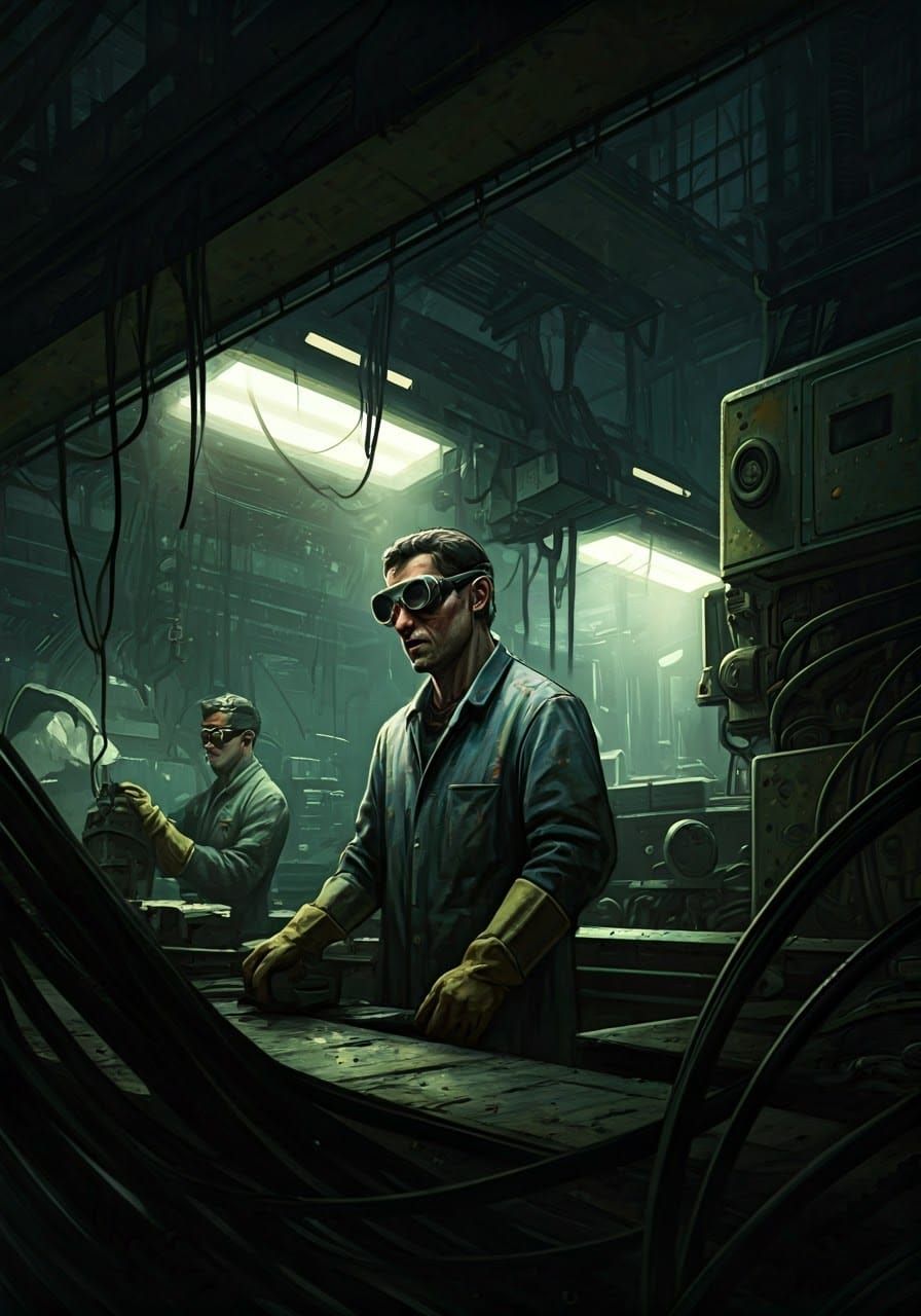 Workers in a Gritty Dystopian Assembly Line