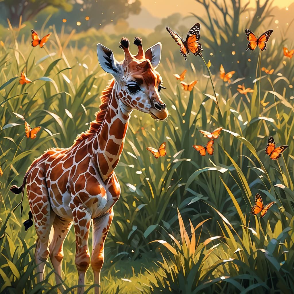 Vibrant Low-Poly Giraffe Encounter in Warm Sunlight