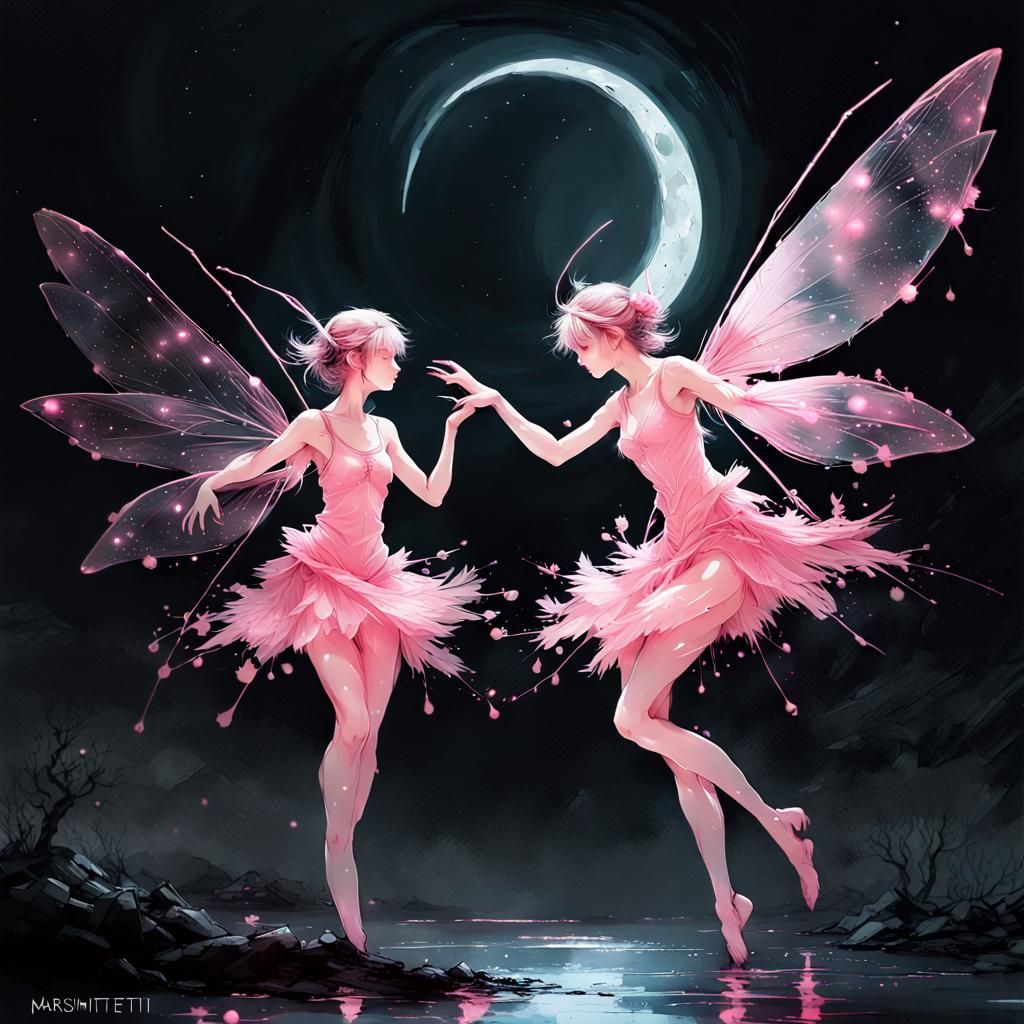 Glowing Fairies Dancing in Moonlight, Digital Art