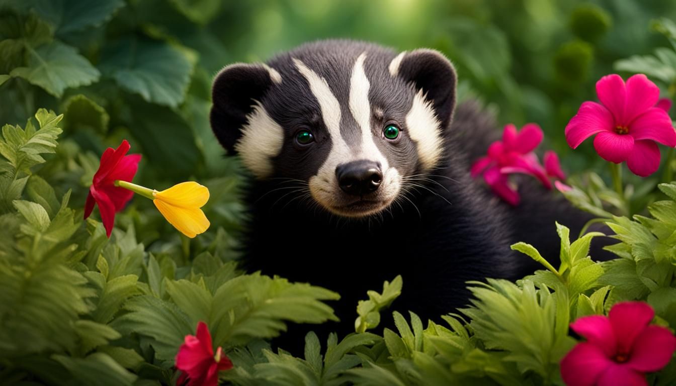Honey Badger Cub in Flower Garden, Kinkade Style