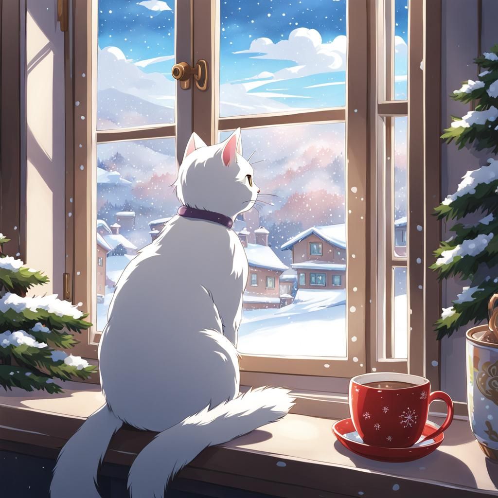 Cat Enjoys Cocoa on Snowy Day, Anime Style