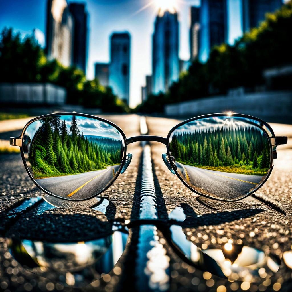 Glasses Reflecting Landscape and Cityscape in HDR