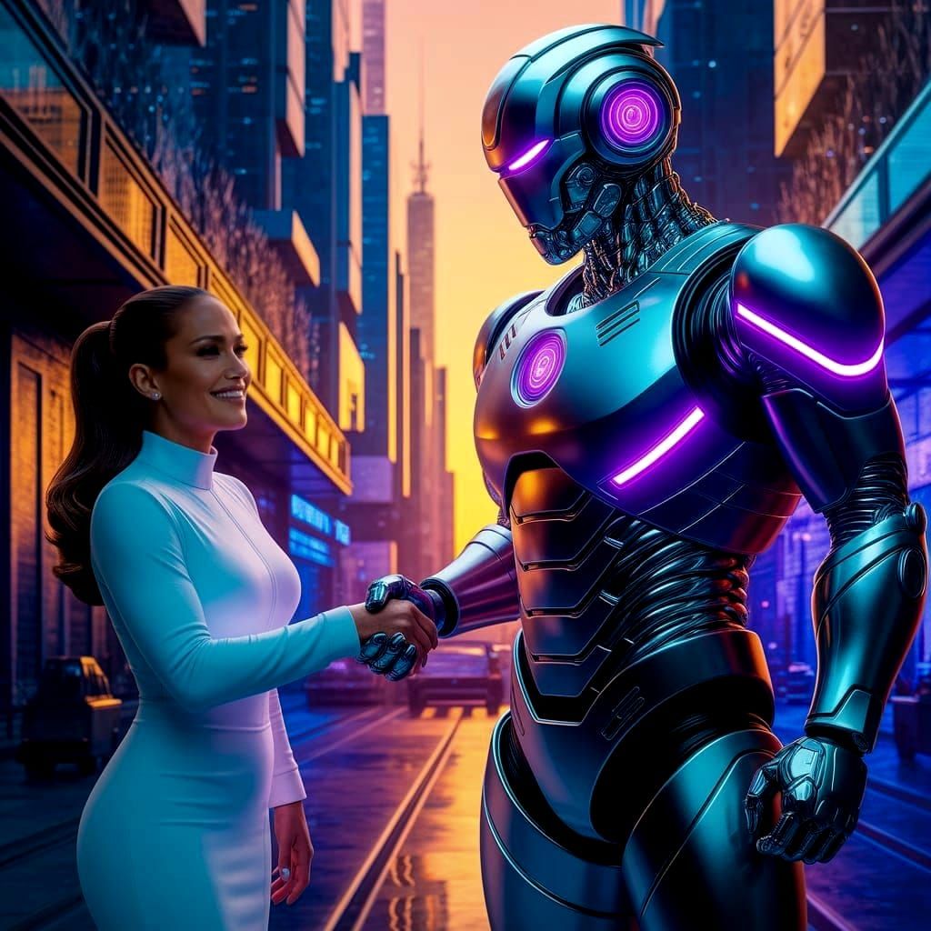 Jennifer Lopez Shakes Hands with Cyberpunk AI Battlesuit in ...