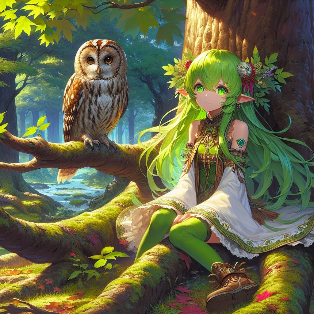 Anime Dryad and Owl Fantasy Concept Art