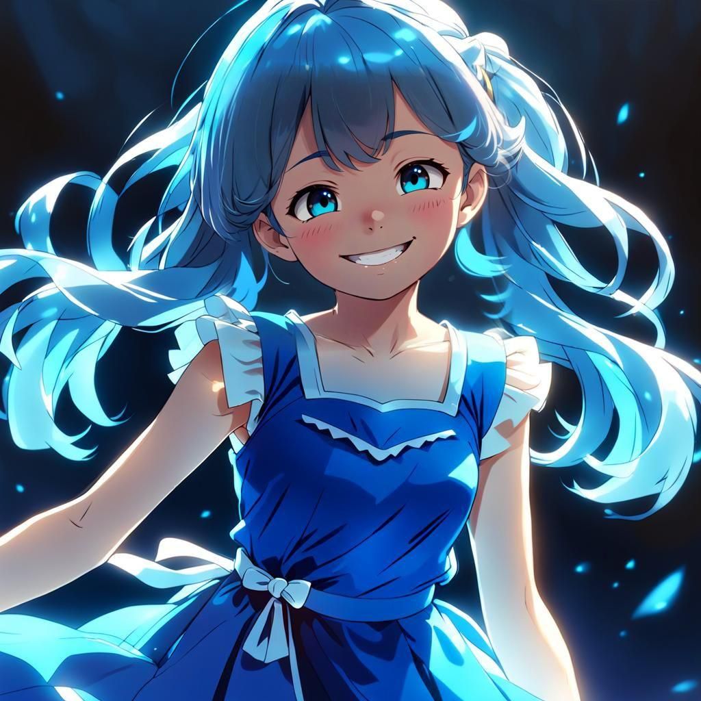 Smiling Girl in Blue Dress: Anime Style Illustration
