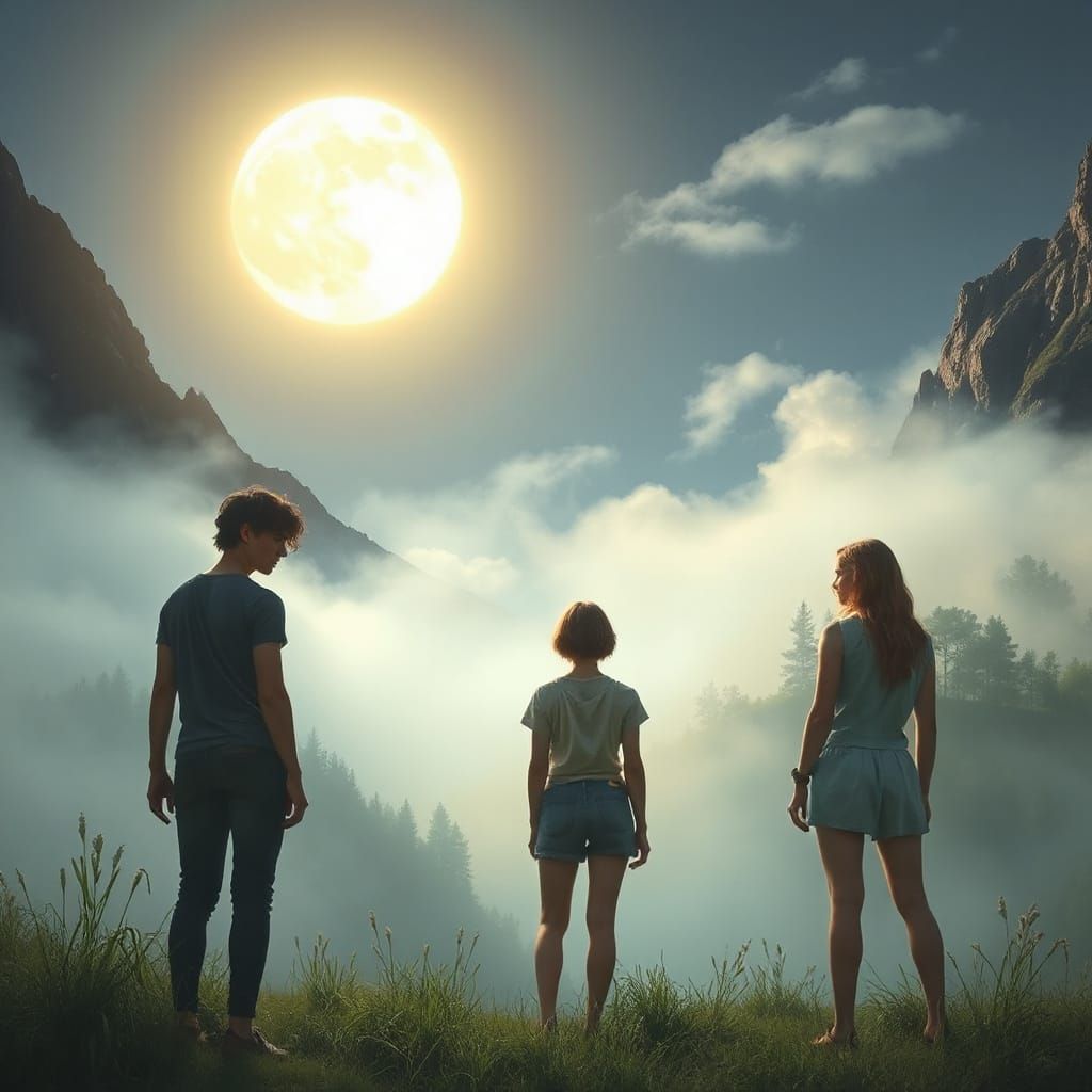 Ethereal Teenagers in Misty Valley Under Luminous Full Moon