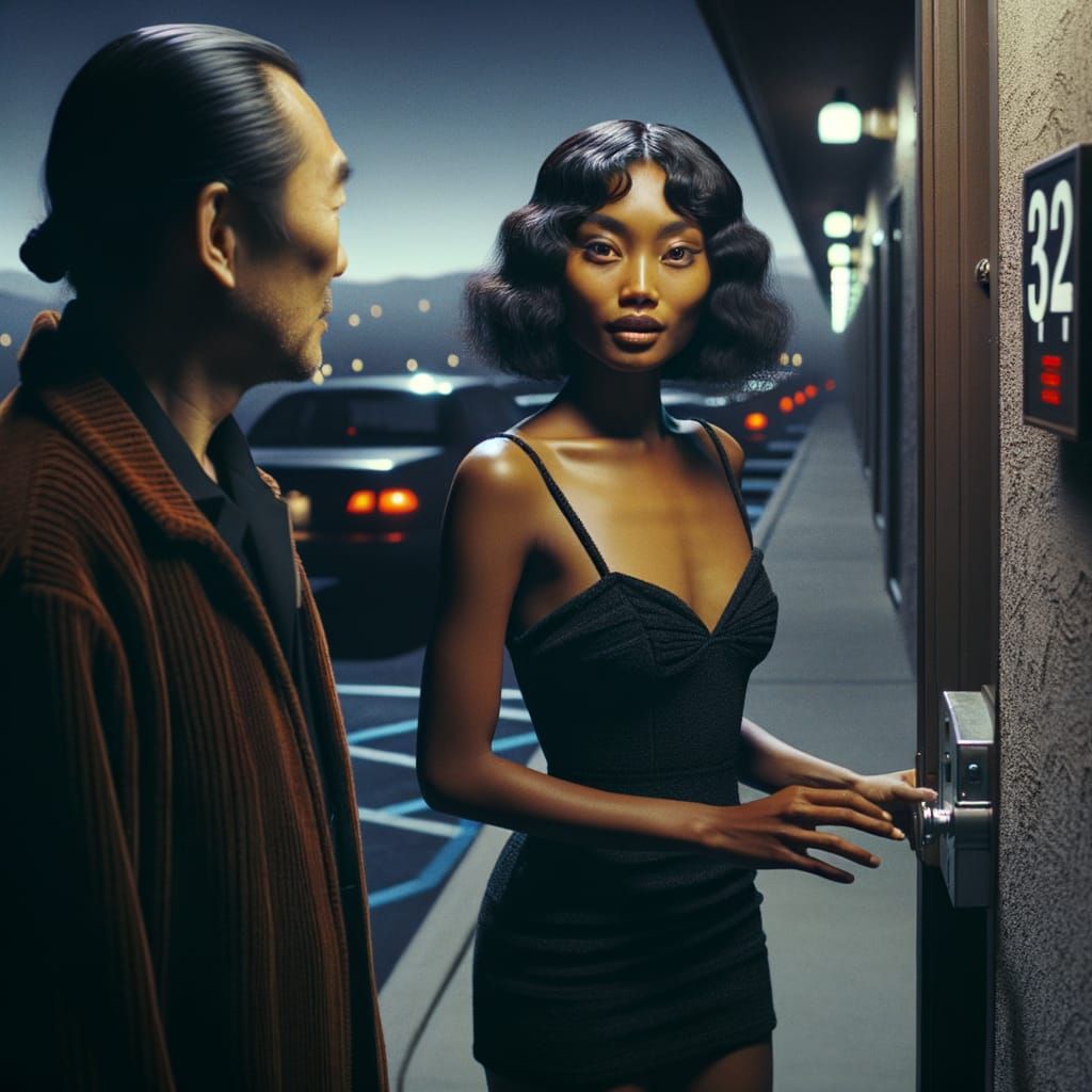 Cinematic Motel Encounter in Photorealistic Style