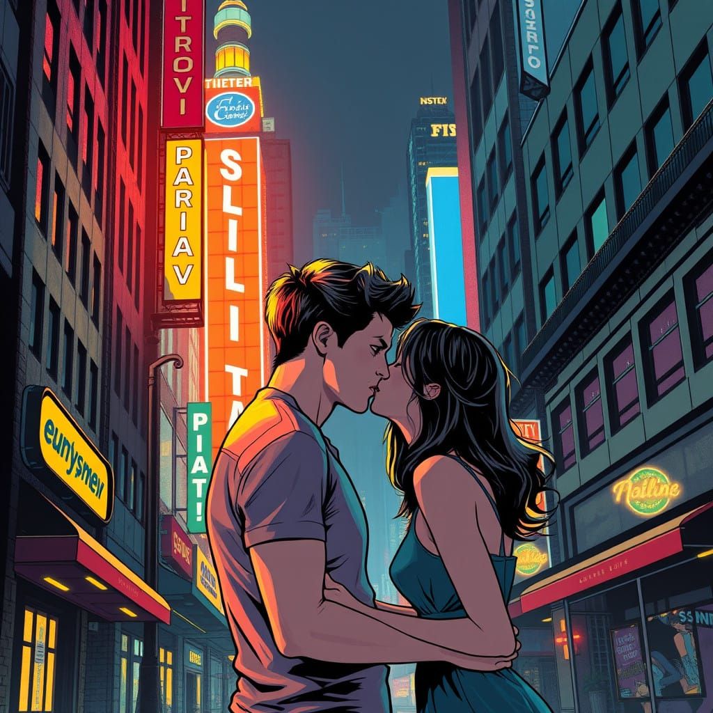 Couple Embracing in Vibrant Cityscape