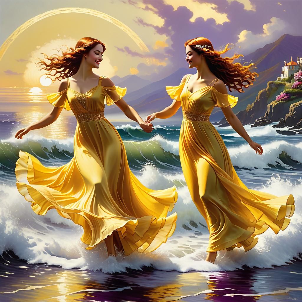 Sisters Dancing in Sunny Ocean Waves