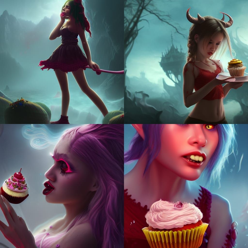 Detailed Matte Painting of Demon Girl Eating Cupcake