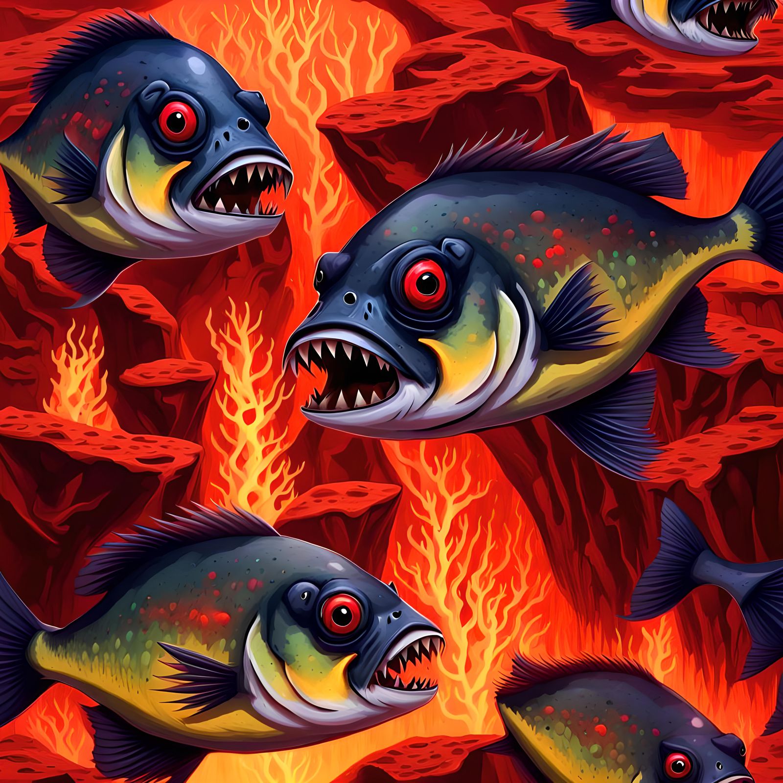 Vicious Piranhas Swim in a Lava Pit