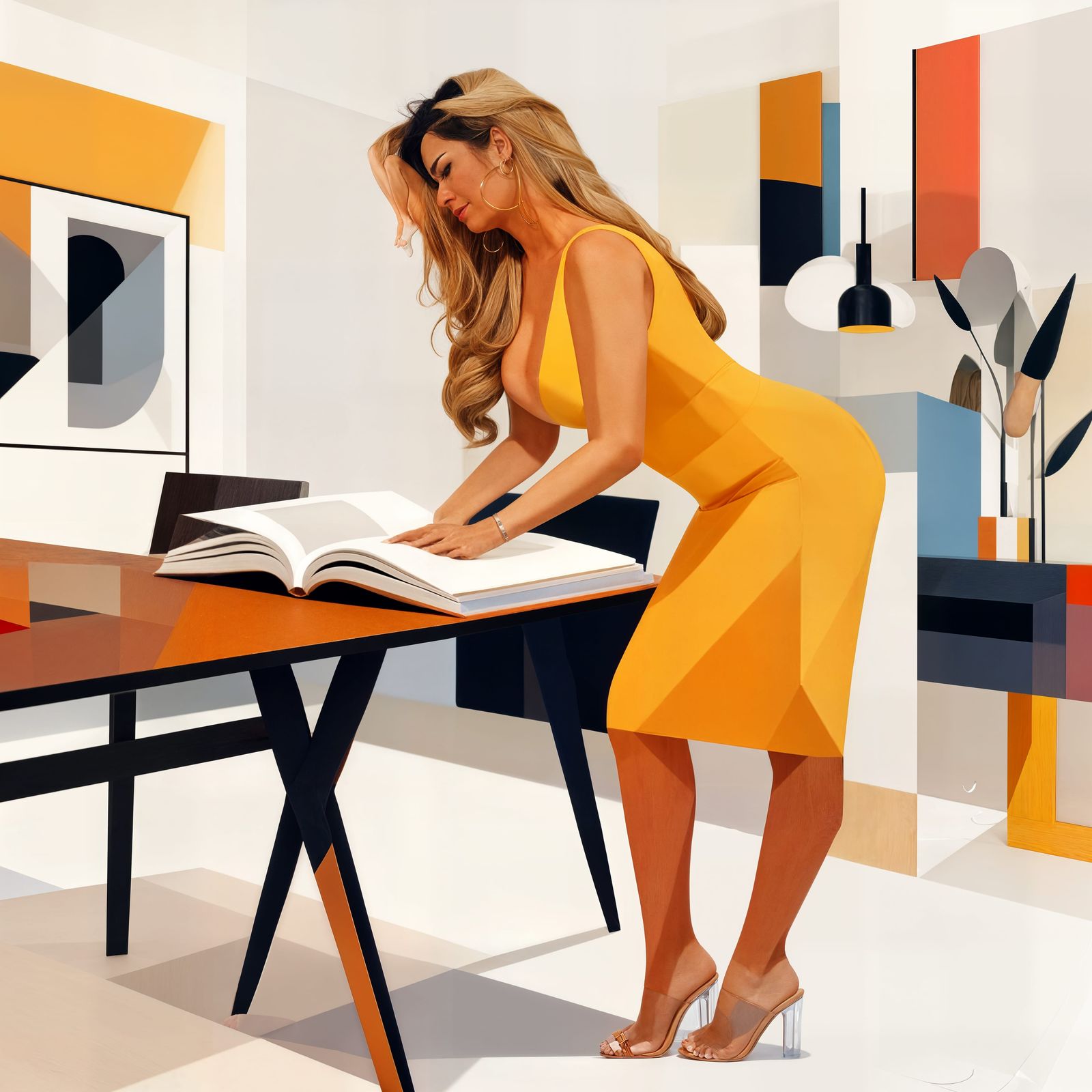 Elegant Woman Poses with Book in Minimalist Flat