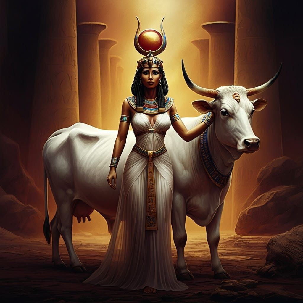 Egyptian Goddess Hesat in Ancient Regalia with Sacred Cow