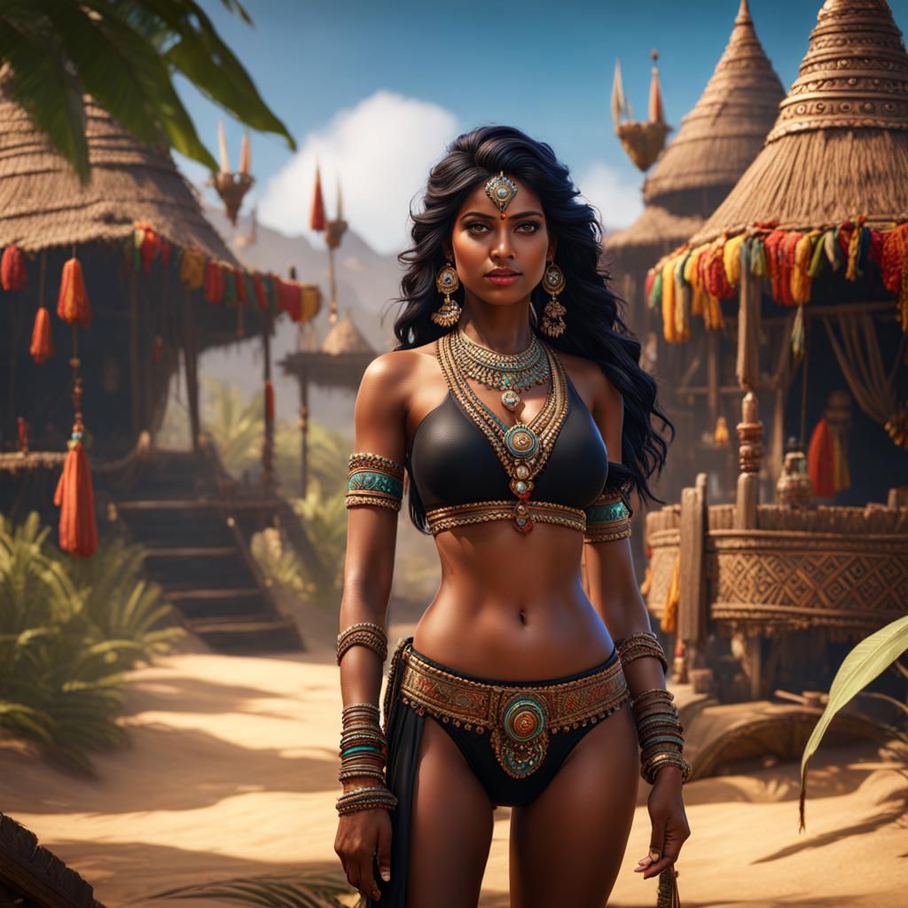 Indian Village Girl in Bikini: Detailed Fantasy Art