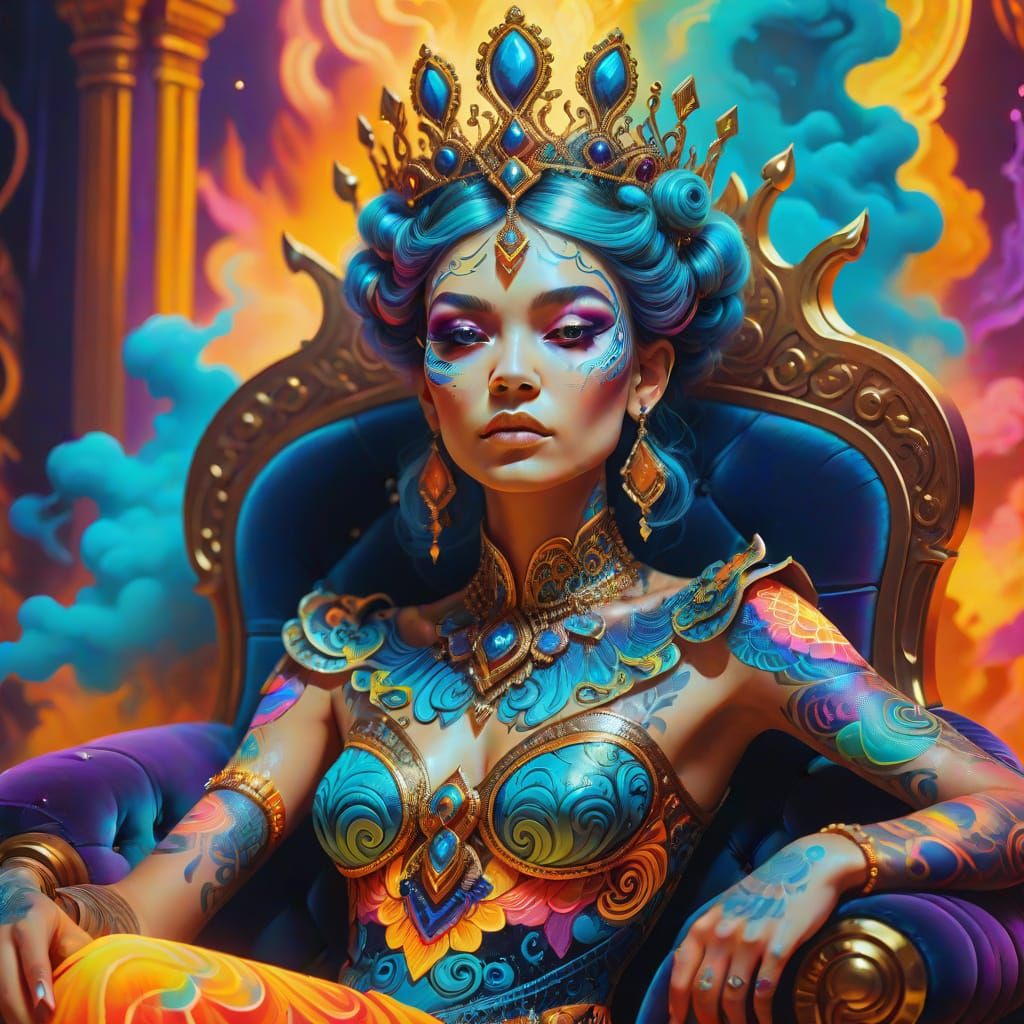 Psychedelic Empress on Throne in Surreal Oil Painting