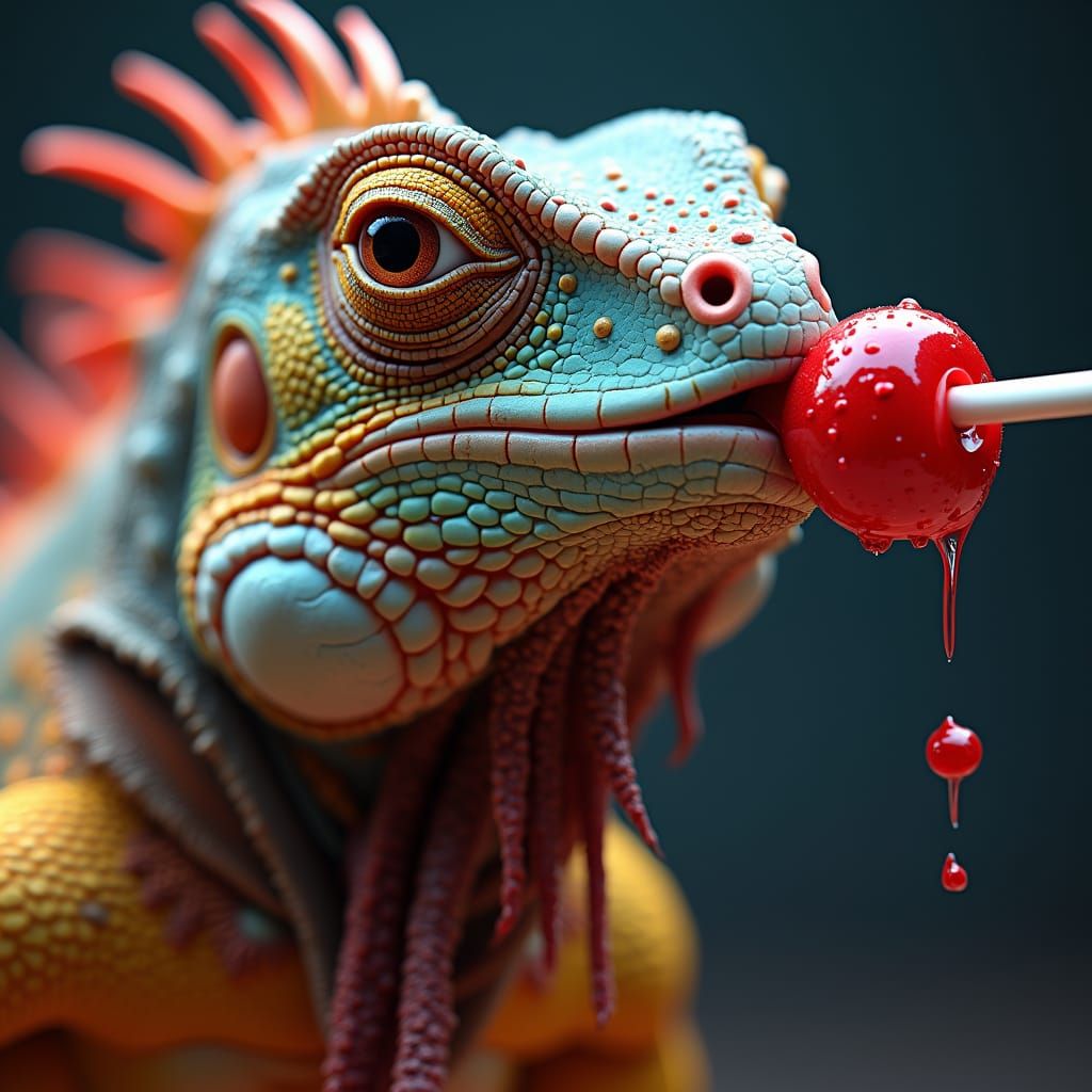 Iguana Licking Tootsie Pop: Hyperrealistic Splash Art