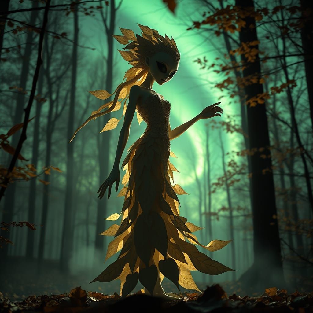 Ethereal Alien Sculpture of Autumn Paper Leaves