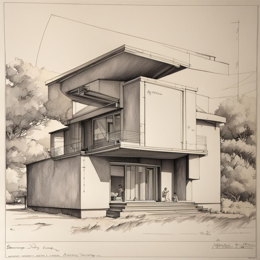 Architectural Bungalow Drawing in Moebius Ink Style