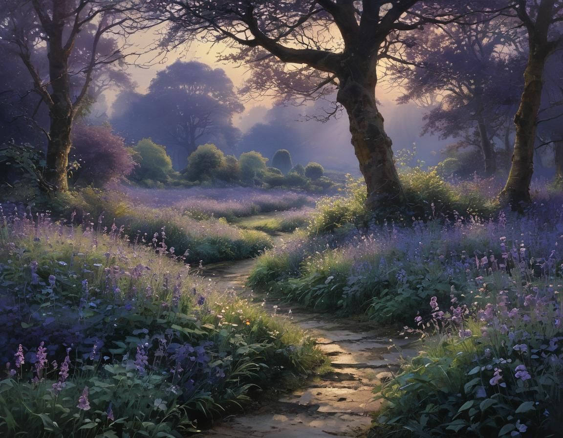 Dreamlike Garden Scene in Whimsical Violet Hues