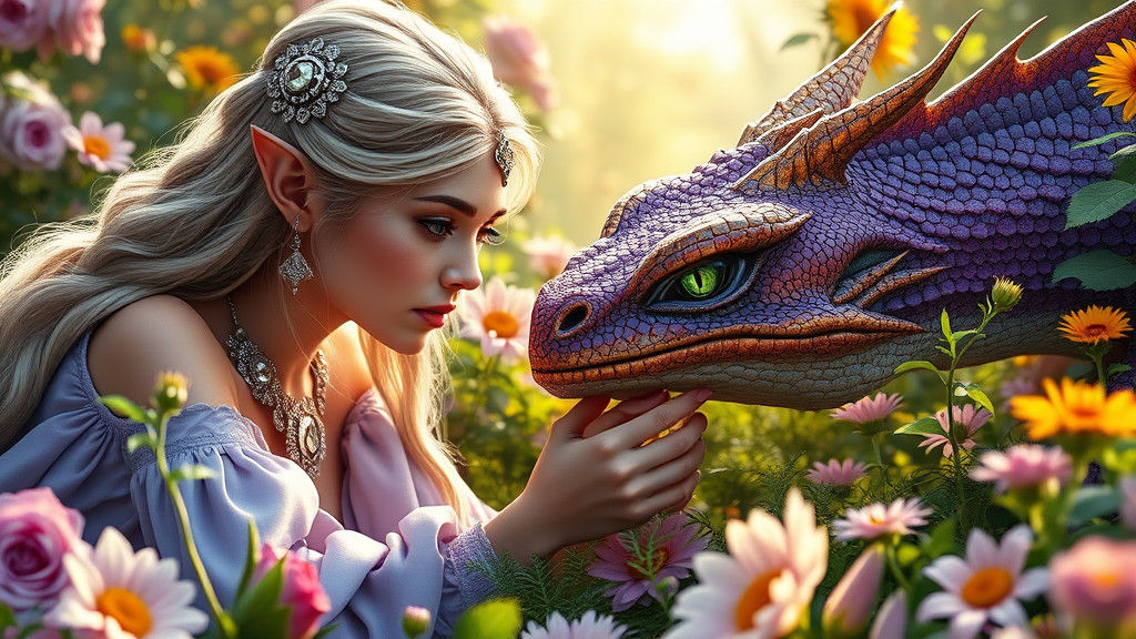 Elven Princess and Dragon in Enchanted Garden