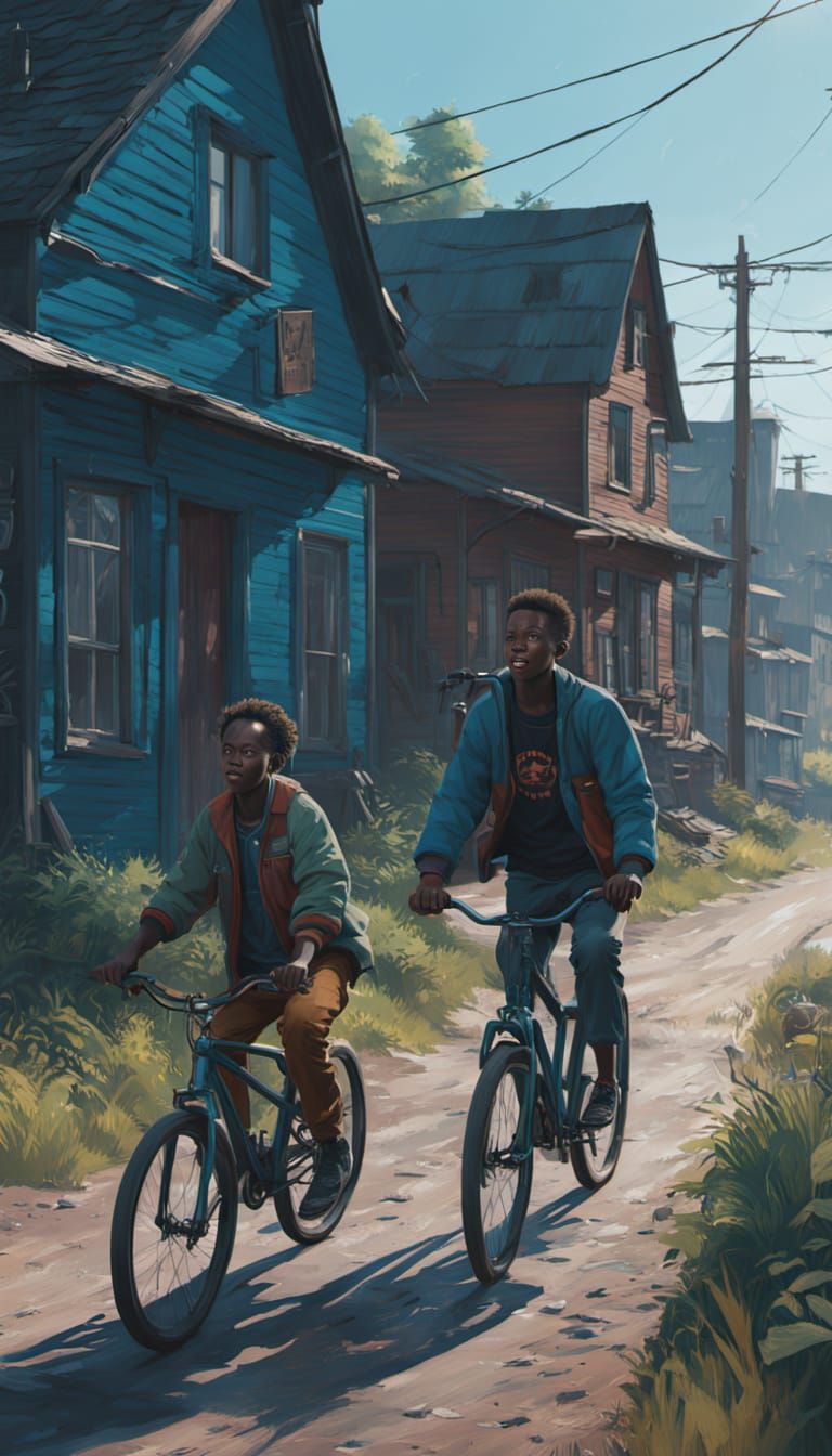 Boys Bicycling on Township Street in Matte Painting Style