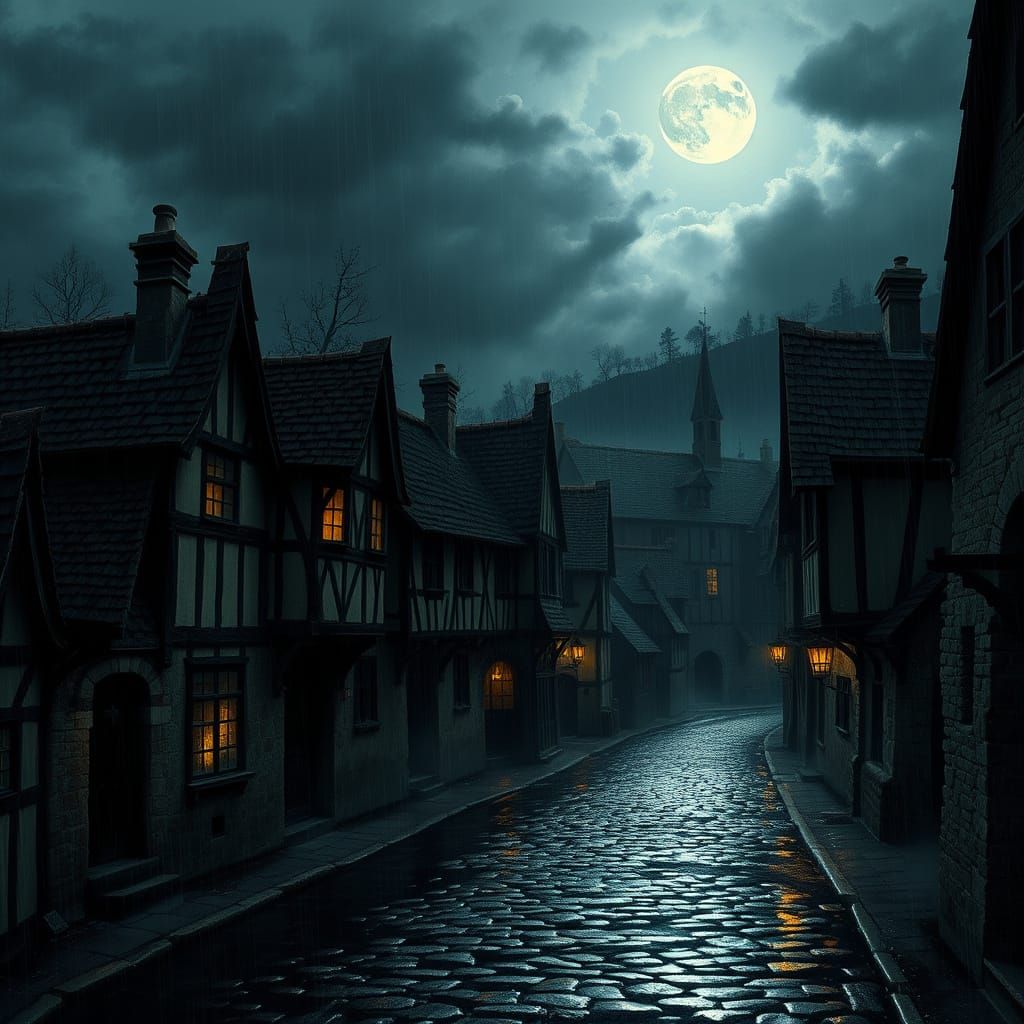 Romantic-Era Medieval Village Under Moonlit Rain