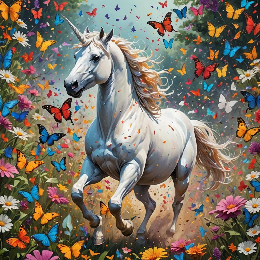 White Unicorn Runs Through Butterfly Meadow