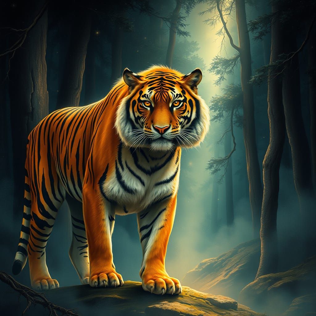 Majestic Tiger Illuminated by Starlight in Mystical Forest