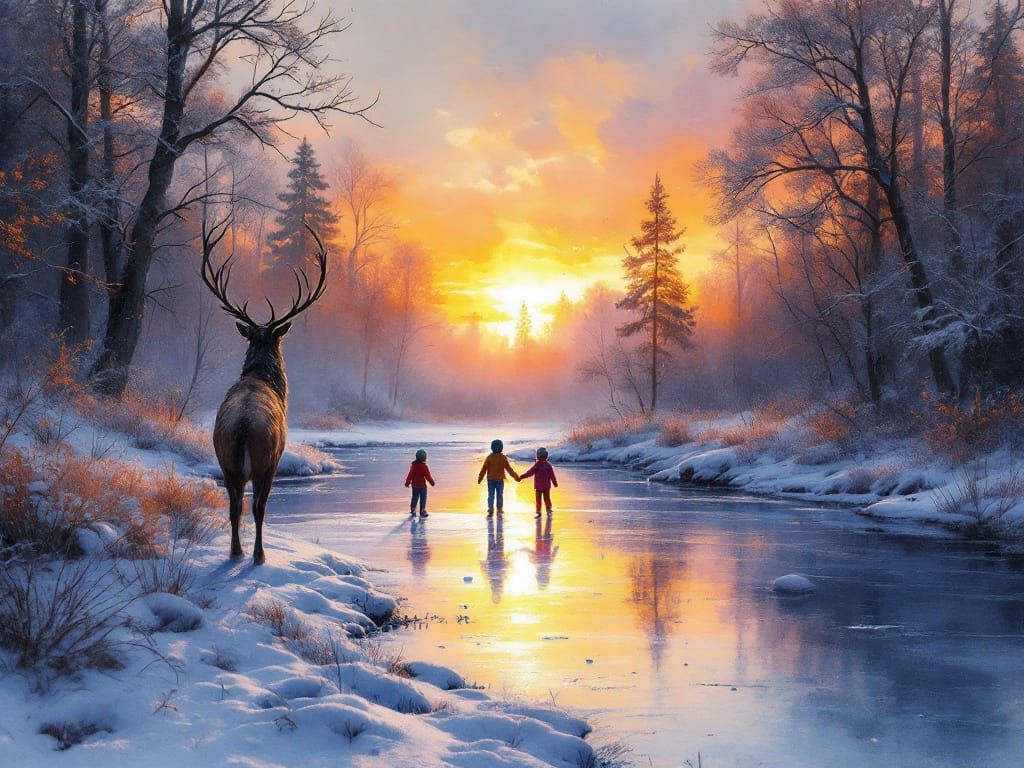 Stag Watches Children Skating: Watercolor Winter Scene