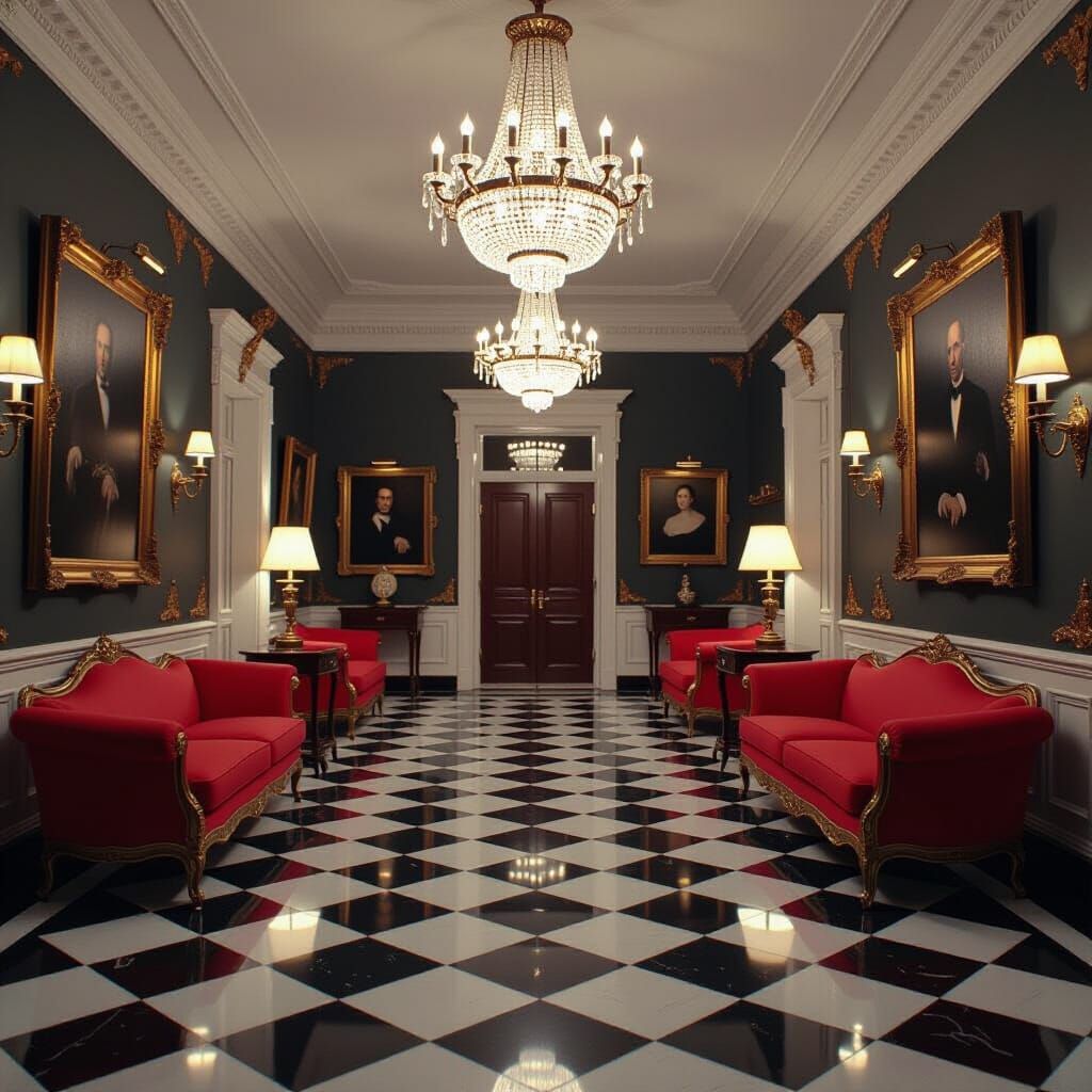 Elegant Gallery with Red Sofas in Cinematic Style