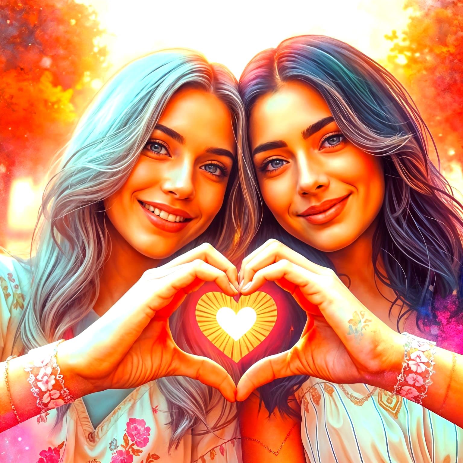Joyful Women Form Heart with Hands, Photorealistic