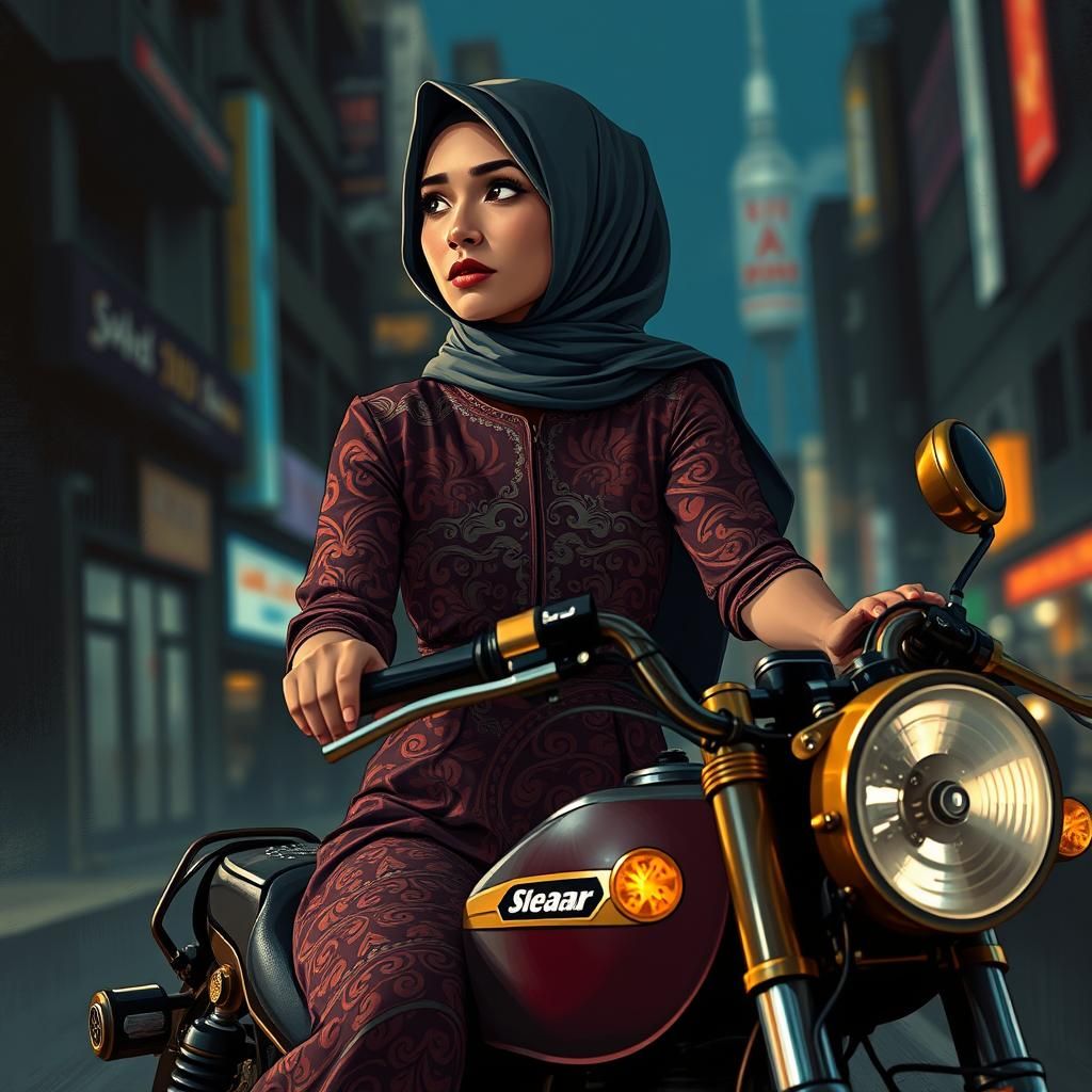Steampunk Javanese Woman Rides in Neon Cityscape