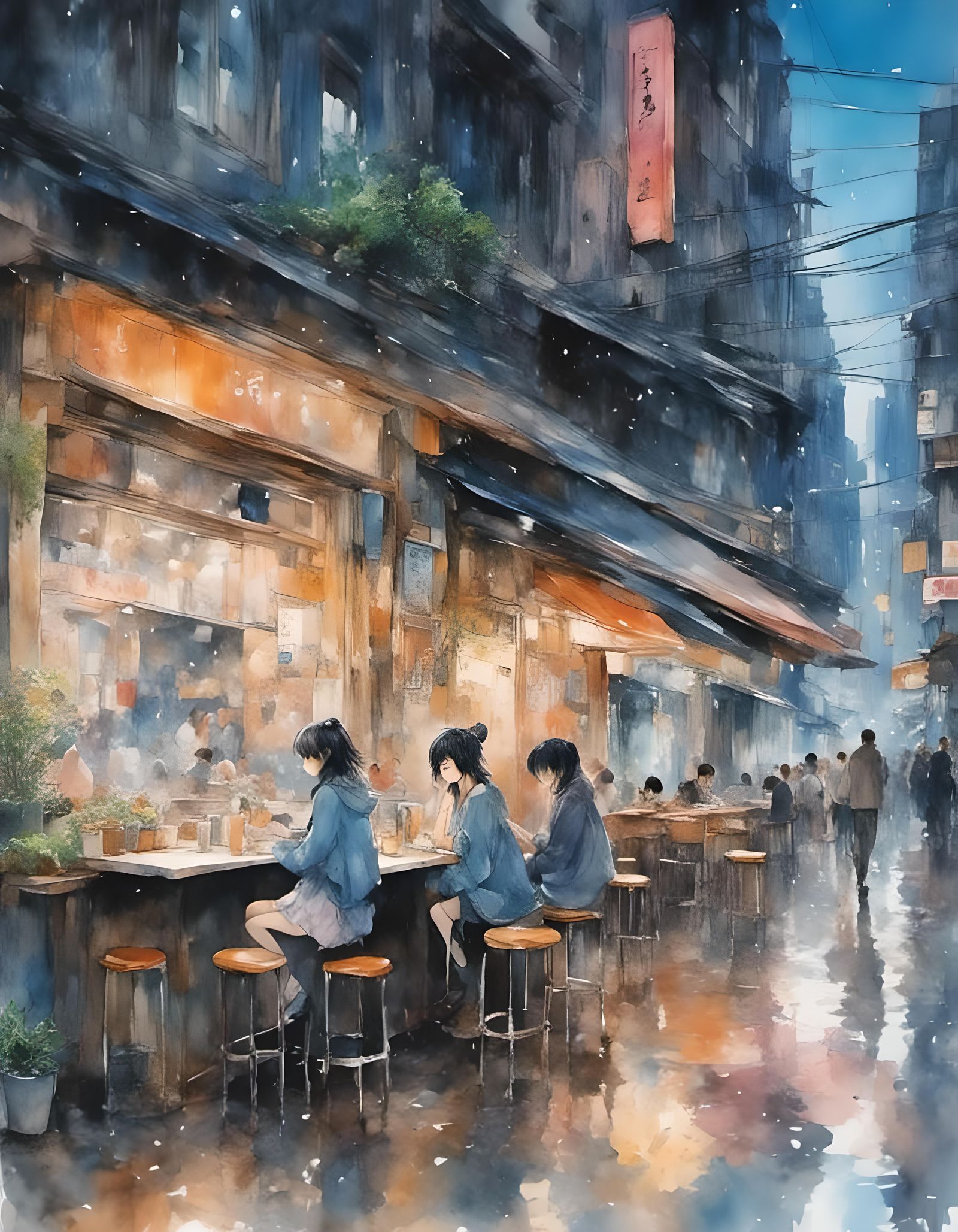 Rainy Chinatown Street Scene in Animation Oil Style