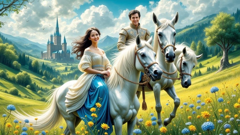 Ella Enchanted & Char on Horseback in Fairytale Landscape