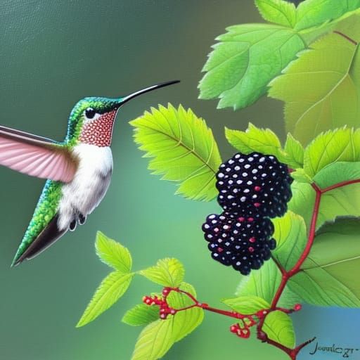 Hummingbird on Blackberry Bush: Oil Painting