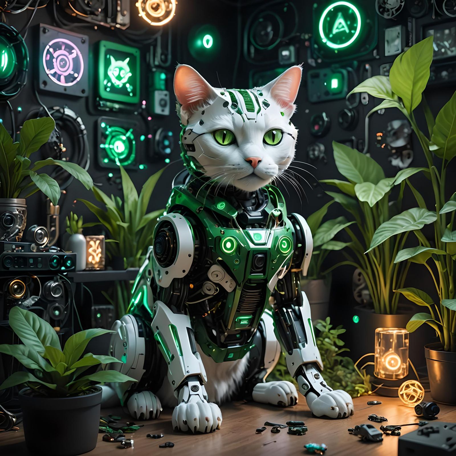 Robotic Cyborg Cat in Gothic Cyberpunk Setting