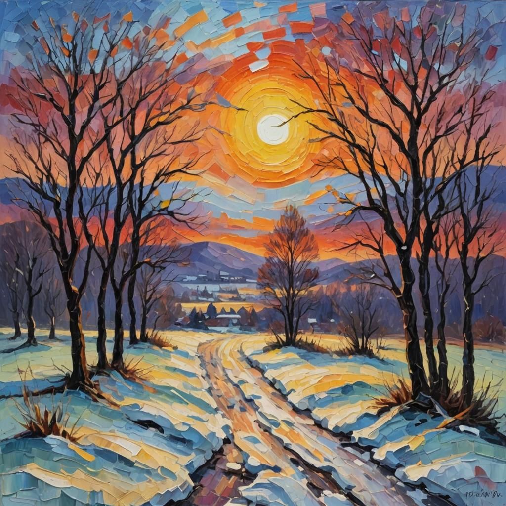 Winter Sunset Impression in Expressionist Oil Paint