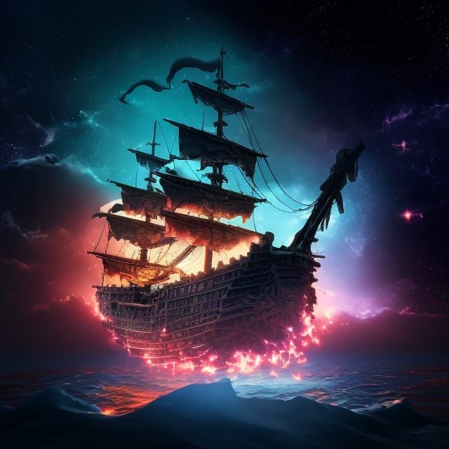Pirate Ship on Mystical Sea in Digital Art