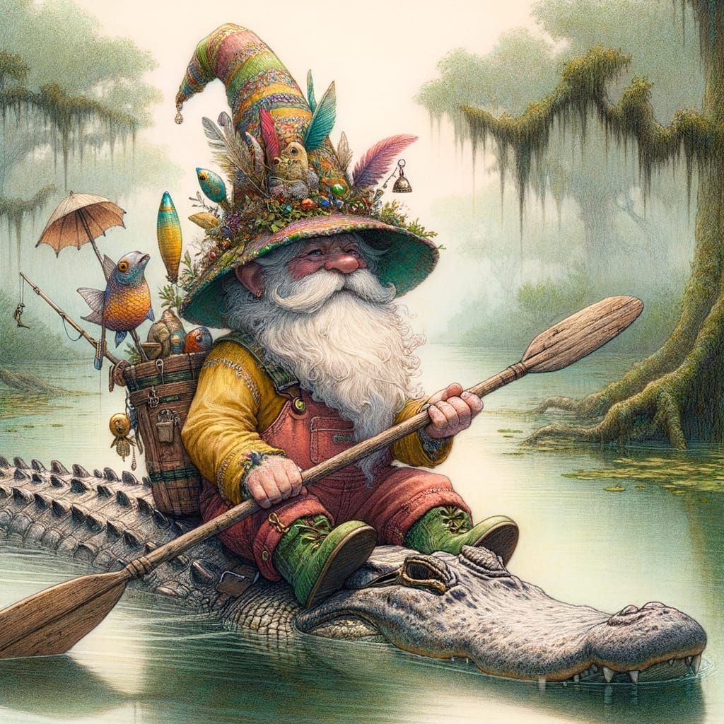 Creole Gnome on Alligator in Bayou, Pastel Art