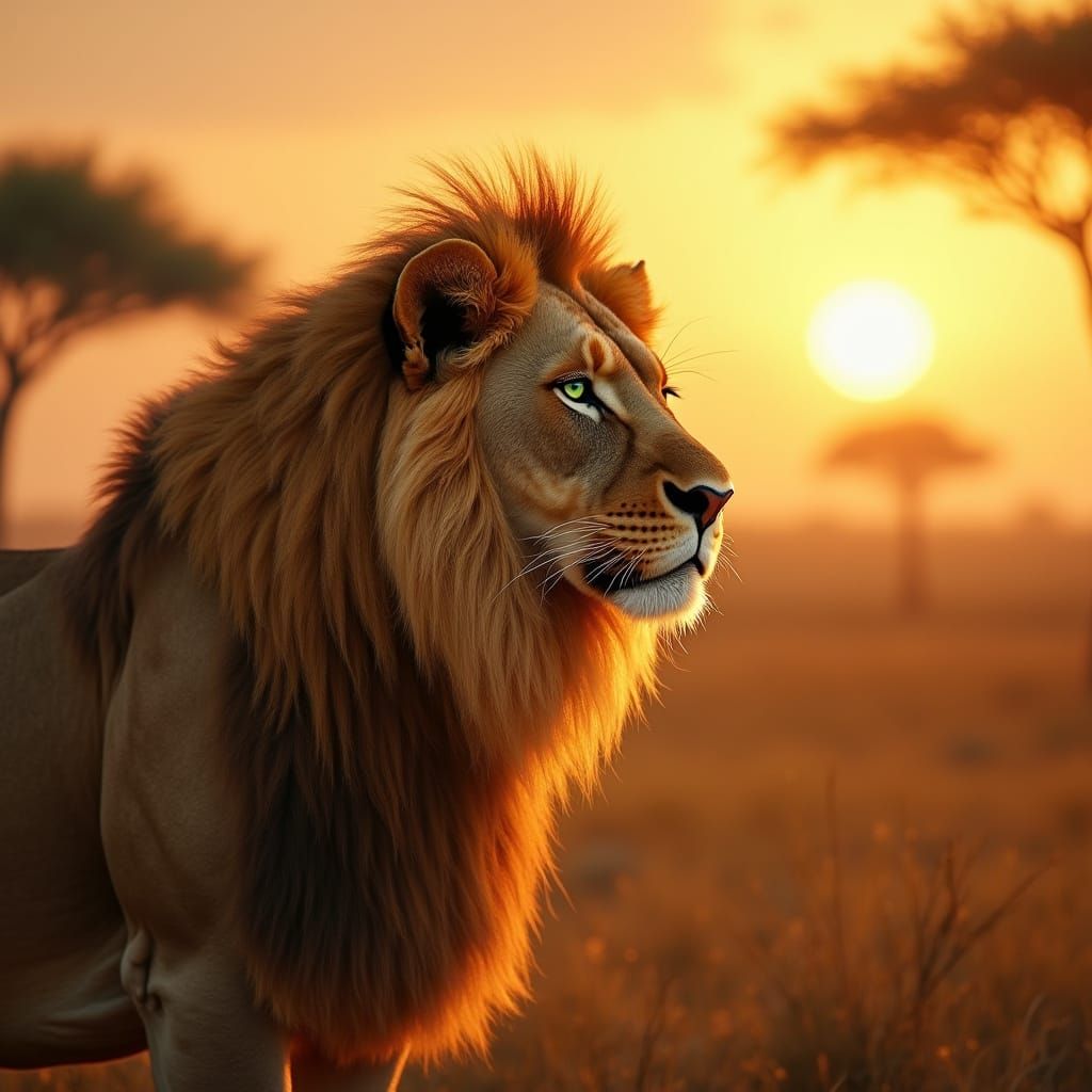 Regal Lioness in Golden Hues, Tribal Markings, and Sunset Sa...