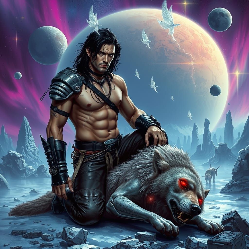 Galactic Warrior Mourns Cybernetic Wolf on Frozen Exoplanet