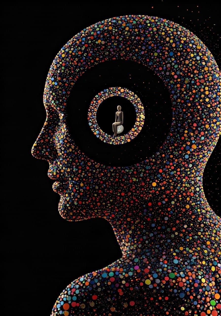 Pointillist Humanoid Head with Floating Figure